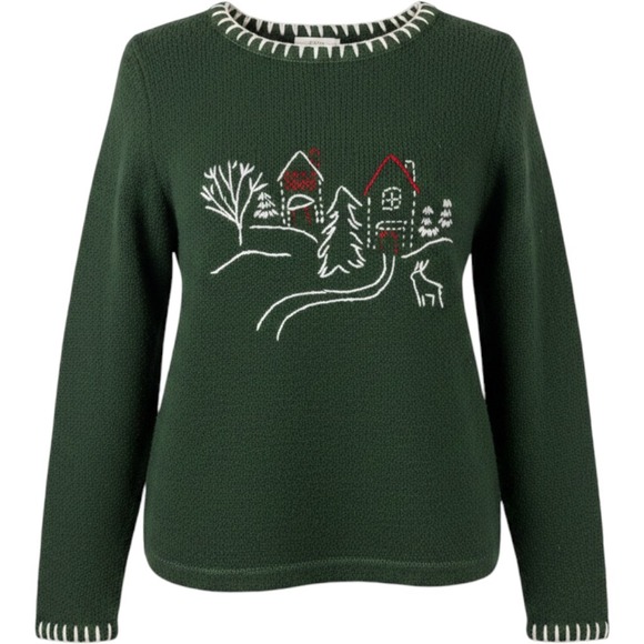 Christopher & Banks Sweaters - Christopher & Banks Sweater Women XL Green Hand Embroidered Winter Scene Village
